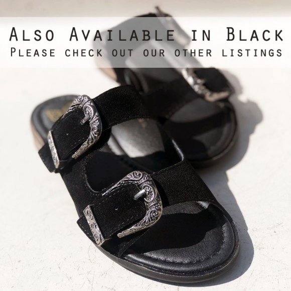 NEW Sand Faux Suede Western Metal Buckled Straps Slides Slip On Sandals Shoes - Picture 11 of 11